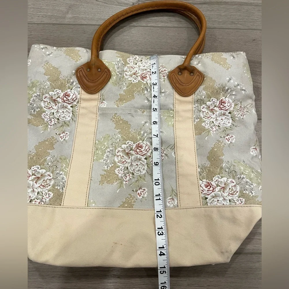 L.L. Bean Cream Floral Tote Bag Brown Handles